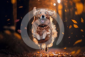 golden retriever jumping through a pile of colourful autumn leaves in a park (AI Generated)