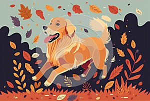 golden retriever jumping through a pile of colourful autumn leaves in a park (AI Generated)