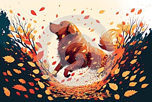 golden retriever jumping through a pile of colourful autumn leaves in a park (AI Generated)