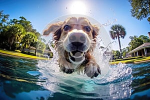 Golden retriever jumping into the pool close-up