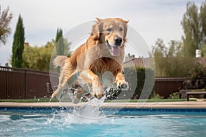 golden retriever jumping into swimming pool for jump shot