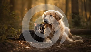 Golden retriever and kitten playing in grass on sunny day generated by AI