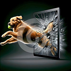 Golden Retriever Leaping From a Shattered Tablet Screen photo