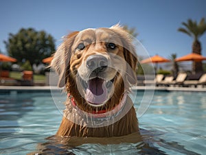 Golden retriever lifeguard at small pool wideangle