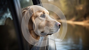 Golden retriever looking out of car window. Generative AI