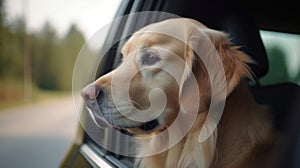 Golden retriever looking out of car window. Generative AI
