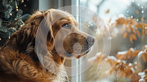 The golden retriever looking out through glass window with sidelight