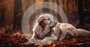 Golden Retriever lying in the autumn forest with fallen leaves