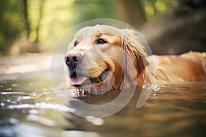 golden retriever lying in the brook cooling off