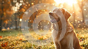 Golden retriever morning stroll in misty park with lifelike fur and sunlit grass