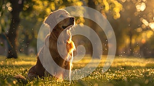 Golden retriever morning walk dewy park with lifelike fur texture in high resolution