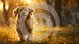 Golden retriever morning walk in misty park, high res image with lifelike fur and dappled sunlight