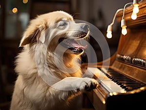 Golden retriever playing piano photographed with mm lens