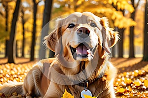 Golden Retriever Playing in Vibrant Leaves, Excitement Sparkling in Eyes, Sunbeams Filtering Through the Trees