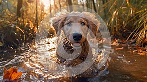 Golden Retriever Pup Splashing in Autumn Puddle