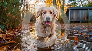 Golden Retriever Pup Splashing in Autumn Puddle