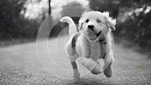 golden retriever puppy black and white running with happy puppy.