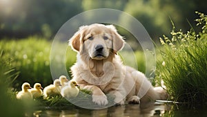 golden retriever puppy A cheerful golden retriever puppy sitting by a serene pond, with ducklings swimming nearby