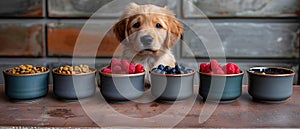 Golden Retriever puppy choosing food from various bowls at veterinary clinic. Concept Puppy, Golden