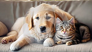 Golden retriever puppy cuddeling with cute cat kitty on a cozy sofa photo