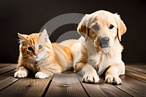 Golden Retriever Puppy And Cute Kitten Lie Together. Isolated On white Background. Png. Two Puppies Post-Processed. Generative AI