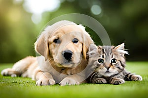 Golden Retriever Puppy And Cute Kitten Lie Together. Isolated On white Background. Png. Two Puppies Post-Processed. Generative AI