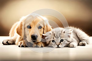 Golden Retriever Puppy And Cute Kitten Lie Together. Isolated On white Background. Png. Two Puppies Post-Processed. Generative AI