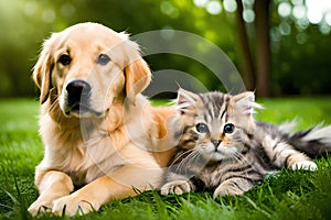 Golden Retriever Puppy And Cute Kitten Lie Together. Isolated On white Background. Png. Two Puppies Post-Processed. Generative AI