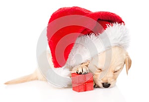 Golden retriever puppy dog with gift and santa hat. isolated