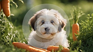 golden retriever puppy A happy Havanese puppy with a comical expression, sitting in a field of oversized carrots