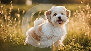 golden retriever puppy Happy little orange havanese puppy dog is sitting in the grass