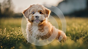 golden retriever puppy Happy little orange havanese puppy dog is sitting in the grass