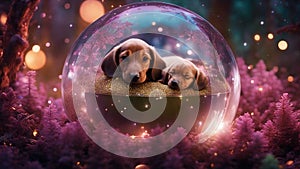 golden retriever puppy highly detailed of Sleeping newborn baby alongside a dachshund puppy inside a glass ball