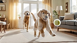 golden retriever puppy jumping on hind legs to catch a tennis ball