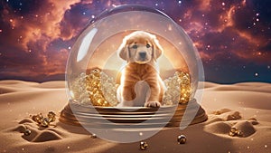 golden retriever puppy outdoors on a sunny day in a snow globe with glitters