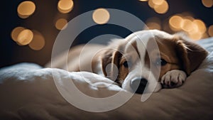 golden retriever puppy A peaceful sleeping puppy nestled in a soft, pillow, with a backdrop of a night