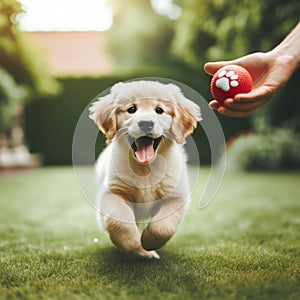 Golden retriever puppy playing fetch