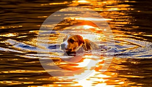 Golden retriever puppy playing in rippled blue water at sunset generated by AI