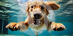 Golden Retriever Puppy Playing in Swimming Pool on Summer Vacation