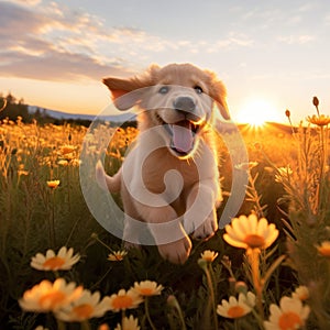 Golden Retriever puppy running through a field of wildflowers in the golden hour by AI generated