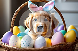 A golden retriever puppy sits in a basket with colorful eggs prepared for Easter