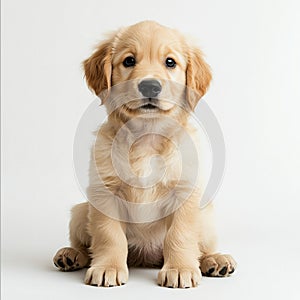 Golden retriever puppy sitting on white background with paws forward photo