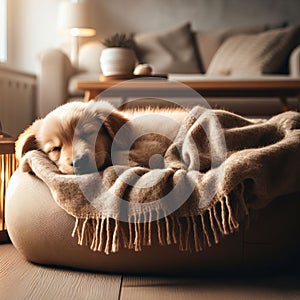 Golden retriever puppy sleeping on a cozy dog bed in a living room.