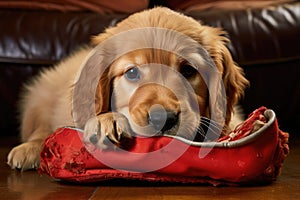 golden retriever puppy with a slipper in its mouth, ready to play