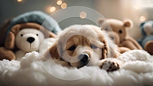 golden retriever puppy A slumbering puppy wrapped in a fluffy cloud blanket, surrounded by a circle of sleeping stuffed animals