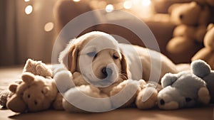 golden retriever puppy A slumbering puppy wrapped in a fluffy cloud blanket, surrounded by a circle of sleeping stuffed animals
