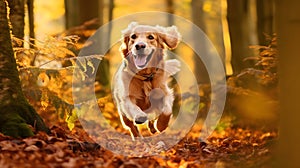 Golden Retriever running in the autumn forest.