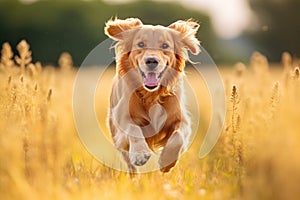 Golden Retriever running in the field. Golden Retriever dog, A Golden Retriever dog runs energetically in a field with a blurred