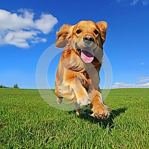 Golden Retriever Running in Grass With Tongue Out
