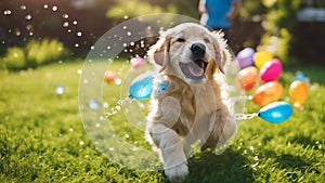 golden retriever running A happy golden retriever puppy caught mid shake after a playful water fight, with colorful water balloons